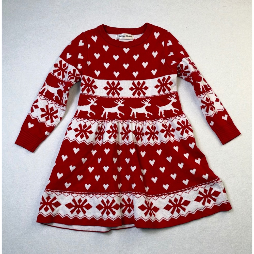 Smiling Pinker Girls Red White Fair Isle Reindeer Heart Holiday Sweater Dress